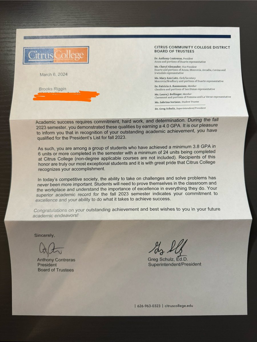 Received a pleasant surprise in the mail today. I was informed that I made the President’s List at Citrus College for the cumulation of academic completion and my 4.0 GPA! Honored to represent @CitrusFootball on the field and in the classroom! 🙏🏼 #THENEST