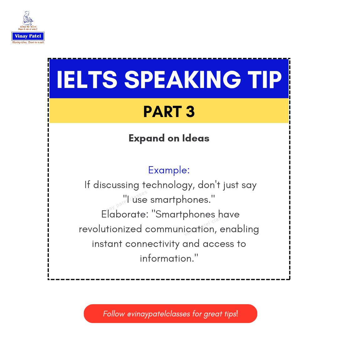Ace IELTS speaking with this amazing tip!

Follow @vinaypatelclasses for more!

#ieltspreparation #ieltsspeaking #vinaypatelclasses #ahmedabadconsultancy #Ahmedabad #studyvisa #visaconsultant #studyabroad #studentlife