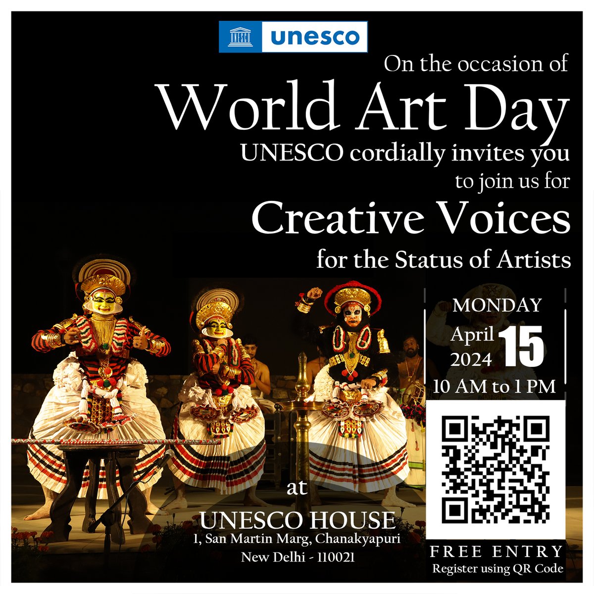 Join us on #WorldArtDay as we dive into crucial discussions on artists' status & the performing arts in India. 📅 April 15 🕙 10 AM - 1 PM 📍 UNESCO House, New Delhi Don't miss out on insightful panels with prominent artists & cultural organizations. forms.gle/TeUQ4psX56c5ck…