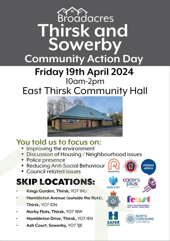 Our friendly adviser will be attending the #Thirsk and Sowerby Community Action Day on Friday 19th April 10am to 2pm. Lots of our partner organisations attending If you need to find a way forward through information or advice come and have a chat with us between 10am and 2pm.