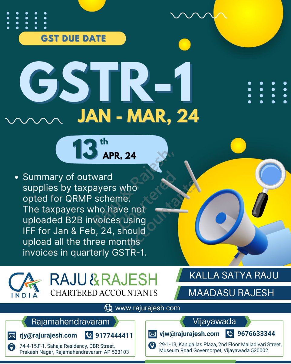 Reminder 🚨
GSTR-1 for QRMP #GSTR1 #QRMP #GSTReturns #TaxFiling #SmallBusiness #SMEs #TaxCompliance #GSTIndia #QuarterlyFiling #BusinessTaxation