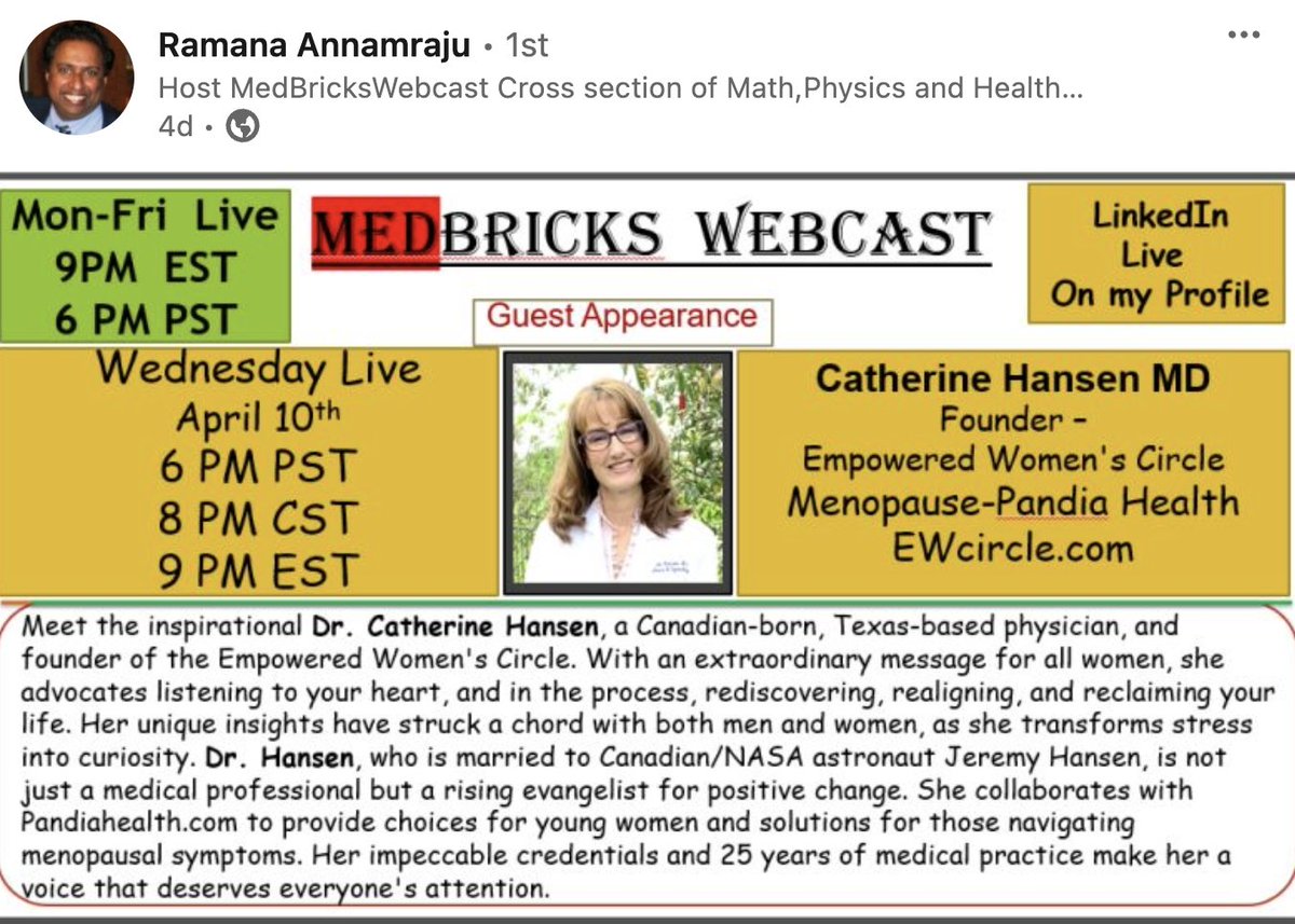 Please join LIVE April 10th, 6pm PT, 8pm CT, 9pm ET on Ramana Annamraju's linkedin linkedin.com/in/medbricks/ with Dr. Catherine Hansen, Head of Menopause for @PandiaHealth She is 1 of ~1300 Menopause Society Certified Practitioners. Come learn & ask ur questions about #menopause.