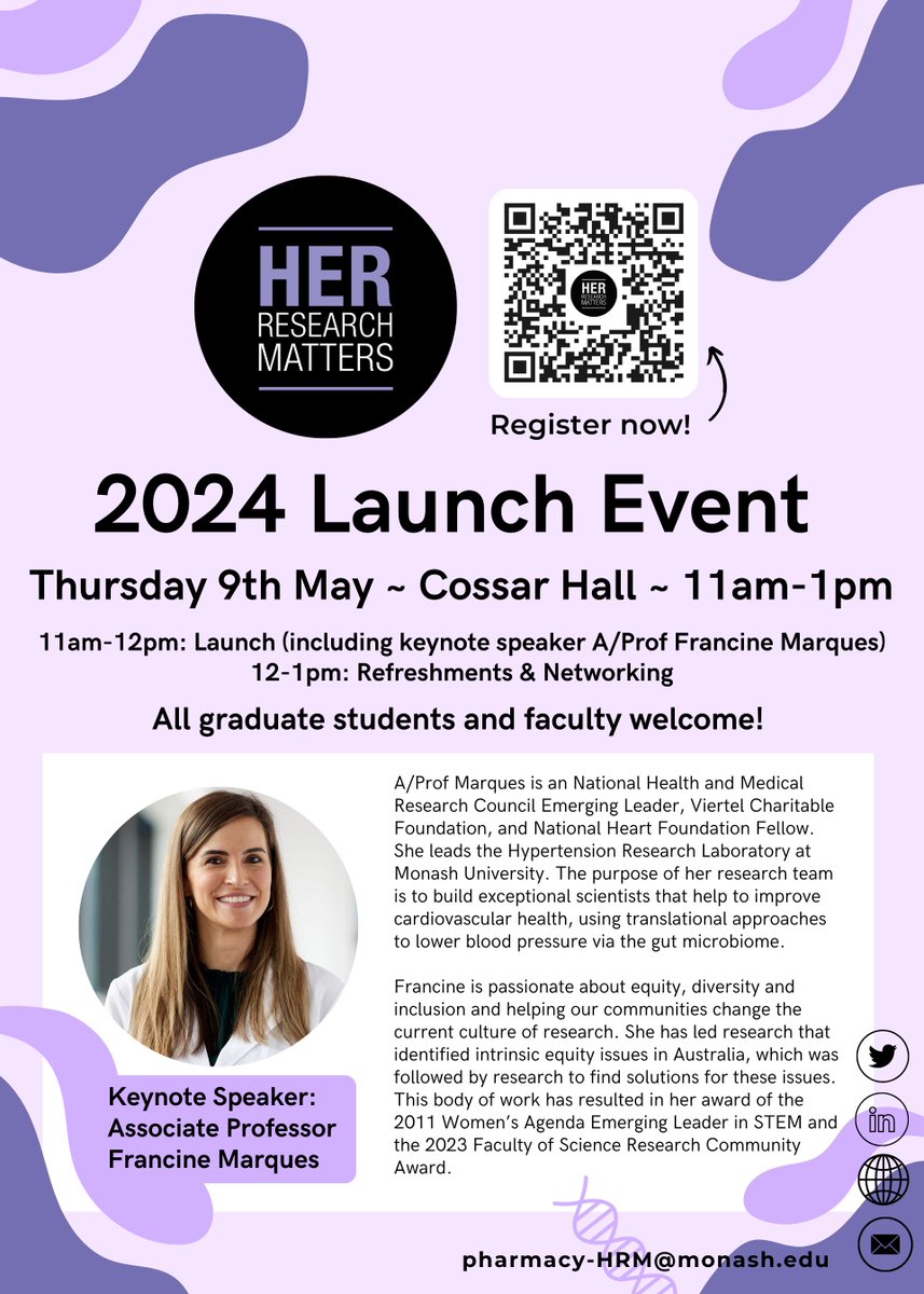 We are pleased to announce Associate Professor @FZMarques as our keynote speaker for our 2024 HRM Launch!

 All MIPS graduate students and faculty welcome - free food provided!

Register now: forms.gle/T6MHZ9LcnDnHir…… 

#HerResearchMatters #WomenInSTEM #WomenInScience