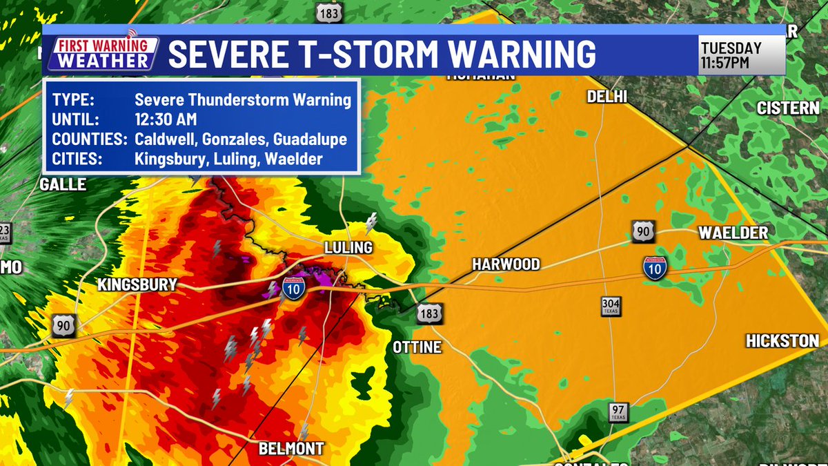 Severe thunderstorm with damaging winds moving through southern Caldwell County including Luling. Wind is my main worry, but small hail possible too. #KXAN #ATXWX