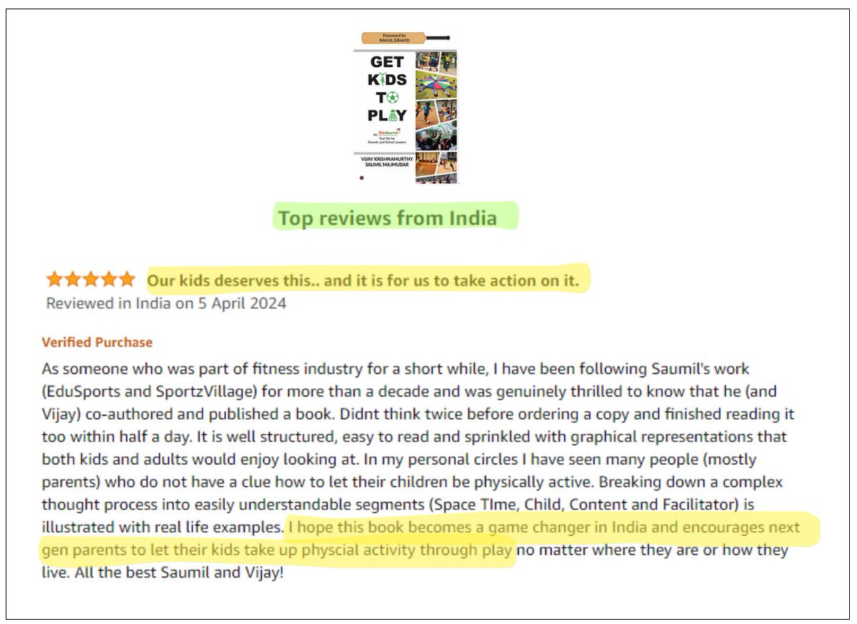 <Customer Review Alert>! If parents hadn't experienced the magic of sport, and their kids don't play enough, how can we break this cycle? In our book, 'Get Kids To Play,' @saumilmajmudar and I try to solve this problem. Visit GetKidsToPlay.com to know/purchase the book.