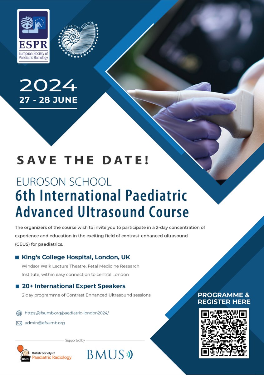 EUROSON SCHOOL: London Paediatric and Adult CEUS 27-28 June 2024 Register now - places are limited! 50% Course fee reduction available for trainees Register here > efsumb.org/paediatric-lon…