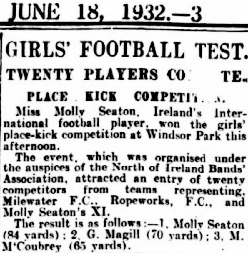 Megan Campbell's 38m throw-in reminded of this in 1932 - Ireland's International woman footballer could kick the ball 84 yds ⚽️ @HBee2015 @FinnClodagh @MickKielty @kliston14 @PhysCstudy @carriesparkle Bet she had a good throw-in #MollySeaton And it was at Windsor Park