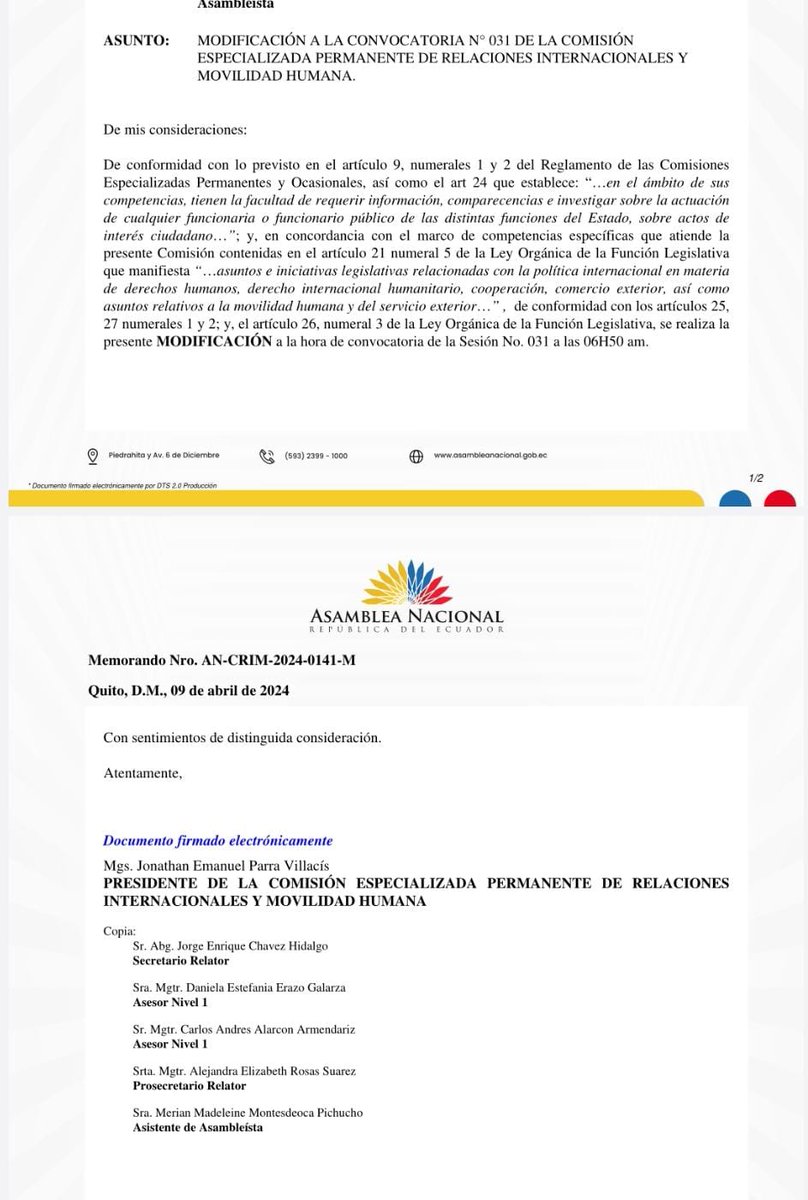 Aquí las leguleyadas con las que @jonathan_parra_ pretende manejar la Comisión de Relaciones Internacionales. A las 23h05 modifica la sesión para el día de mañana y la coloca 10 minutos antes que la sesión de @FiscalizacionAN. Viola lo dispuesto en el Art. 26, n. 3 de la LOFL.