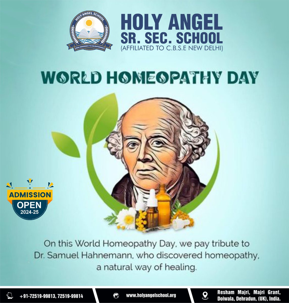 'Homeopathy is the art of healing the sick by stimulating the body to heal itself.' 
#WorldHomeopathyDay #HomeopathyAwareness #HomeopathyWorks
Holy Angel School
☎Call US- +91-7251999813, +91-7251999814
📍Visit Website- holyangelschool.org