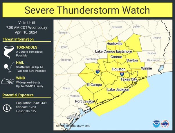 #Severethunderstormwatch for southeast #Texas until 7am a couple #Tornadoes possible #Hail up to 2” in diameter is possible the main threat is significant severe damaging winds 85mph. Have ways to receive warnings. #txwx #conroe #Willis #CutNShoot #Livingston #Houston #Elcampo