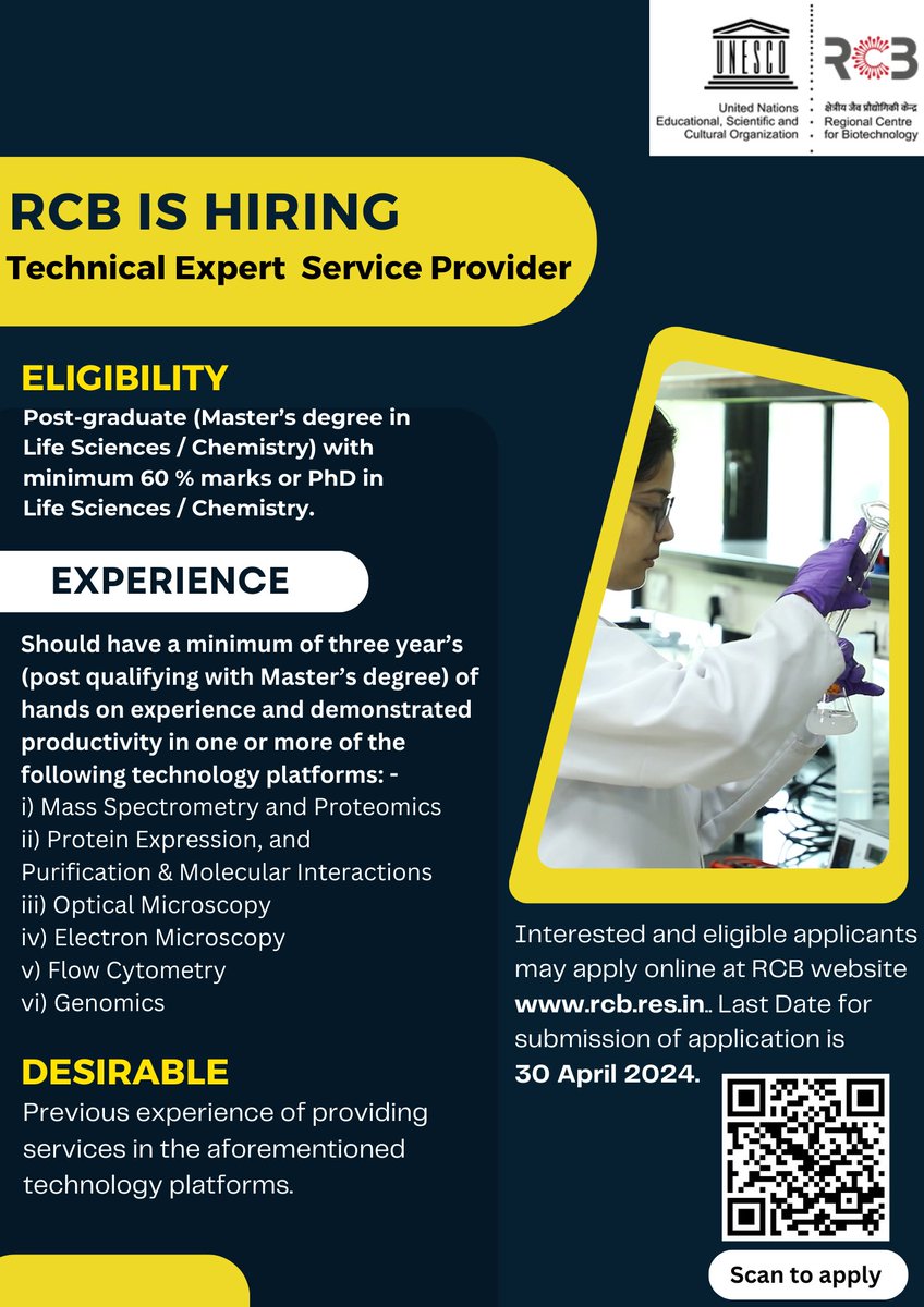 Regional Centre for Biotechnology is recruiting 'Technical Expert Service Provider'. #Science #Technicalexpert