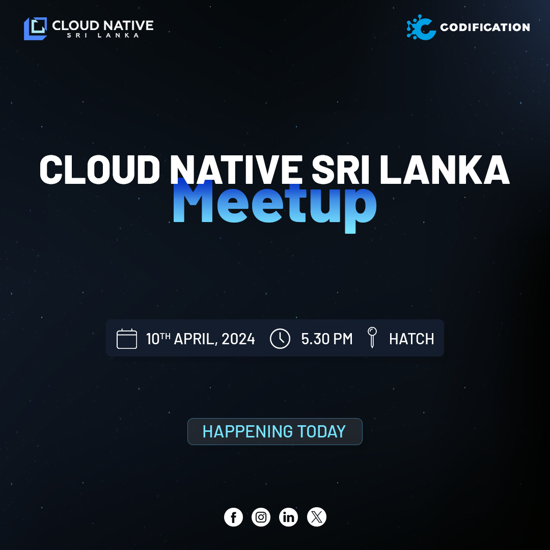 CloudNativeSL's tweet photo. ๐ It's meetup time! ๐
Join us today for the Cloud Native Sri Lanka April Meetup at Hatch. Embrace the opportunity to connect, learn, and grow in the vibrant tech community of Sri Lanka. See you there! ๐ฅ
#CloudNativeSriLanka #CNSL #AprilMeetup #HappeningToday https://t.co/r7DhcjWySG
