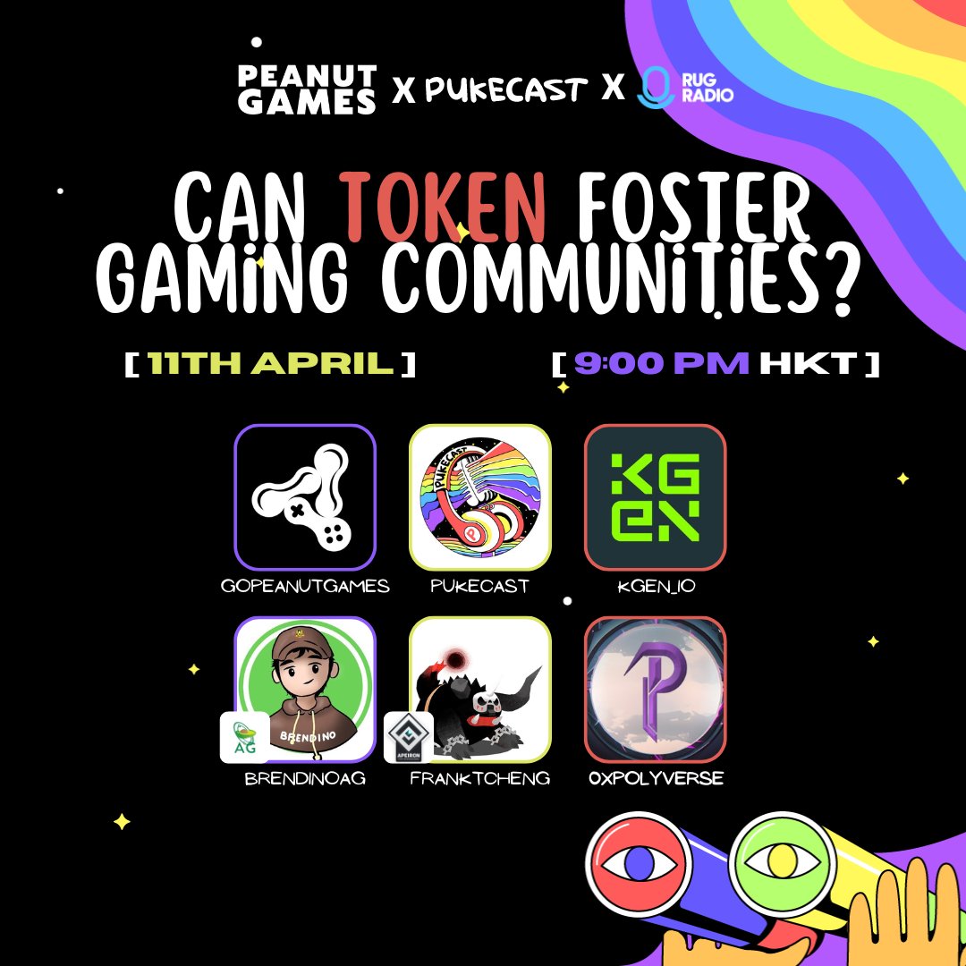 Set Your Reminders! 👇 Pukecast is back with yet another banging space! Can Token Foster Gaming Communities?! 🗓️11th April 🕘9PM HKT / 9AM EST 🎙️@GoPeanutGames @KGeN_IO @BrendinoAG @FrankTCheng @0xPolyverse
