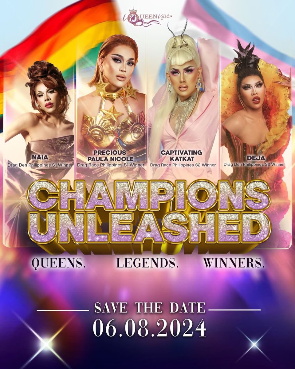 For the first time in Philippine Drag Herstory, we have assembled four drag-crowned winners from Drag Race PH and Drag Den PH for a legendary showstopping event this Pride Month! 🌈

Stay tuned via iQueenique Productions on Facebook and @iqueenique on X and Instagram.