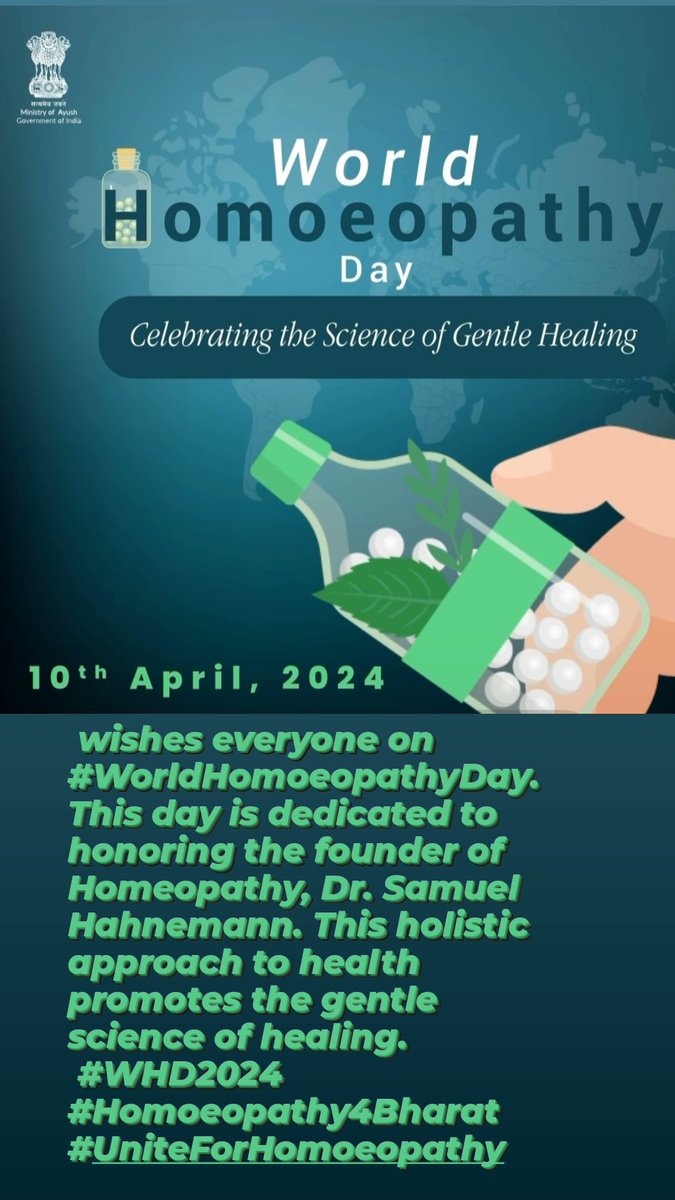 wishes everyone on #WorldHomoeopathyDay. This day is dedicated to honoring the founder of Homeopathy, Dr. Samuel Hahnemann. This holistic approach to health promotes the gentle science of healing #WHD2024
#Homoeopathy4Bharat 
#UniteForHomoeopathy