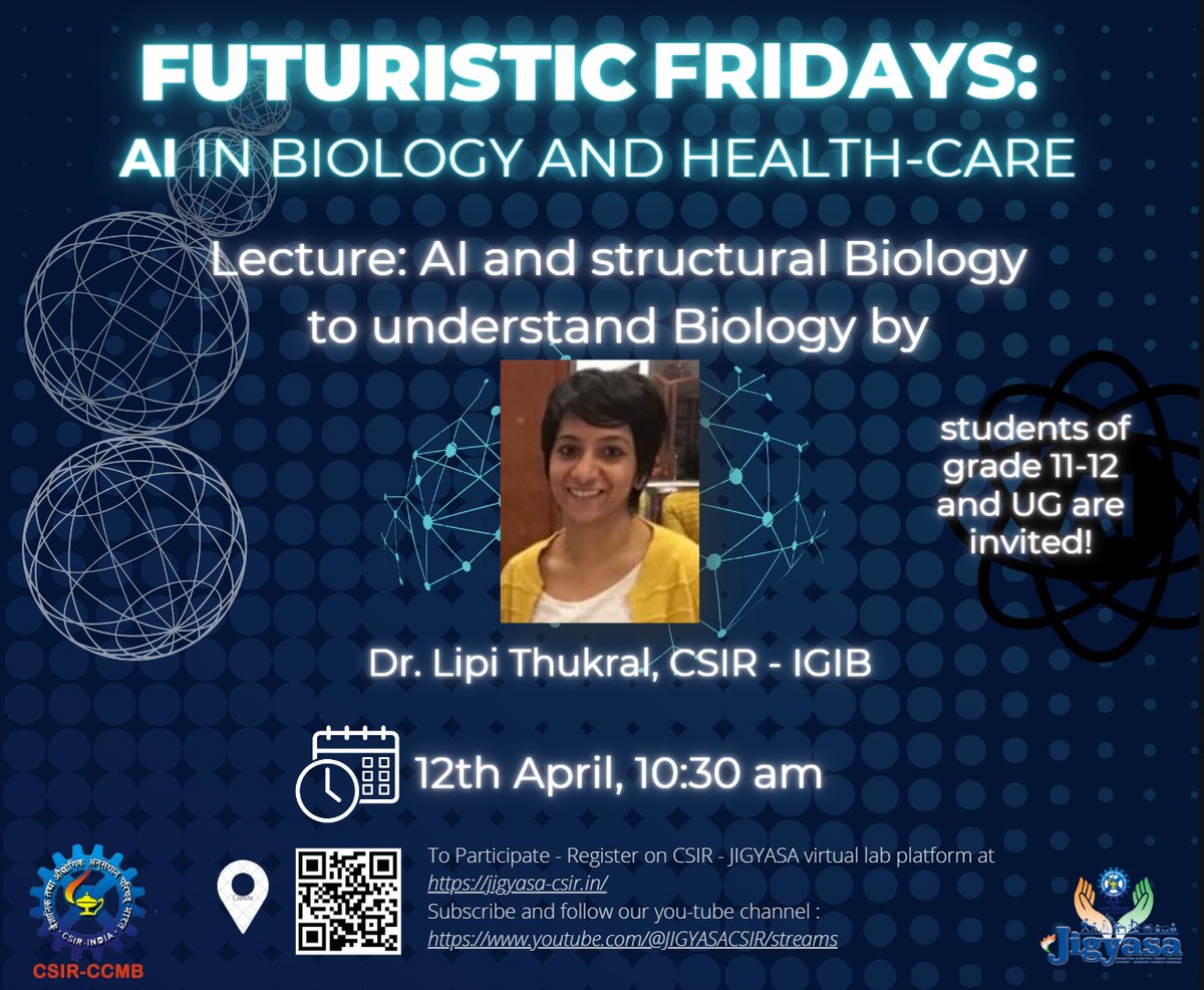 CSIR JIGYASA is organizing - Futuristic Friday talk series. This April, Every Friday at 10:30 a.m. you will meet experts online who work with AI in Biology and Healthcare. The second talk and Quiz is on 12th April by @Sci_Lipi , @IGIBSocial · at youtube.com/watch?v=WrWUXZ…