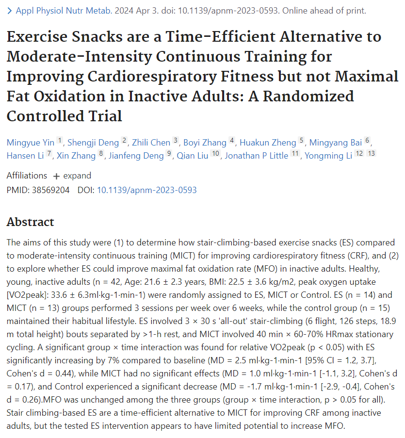 jacksonfyfe's tweet photo. Take the stairs to boost your VO2max?

Inactive adults who did 3 bouts of “all-out” stair climbing (6 flights in ~30-seconds) on 3 days per week improved their VO2max by 7% after 6 weeks.

Simple (and not easy), but effective.

https://t.co/fkzKqJPNP5