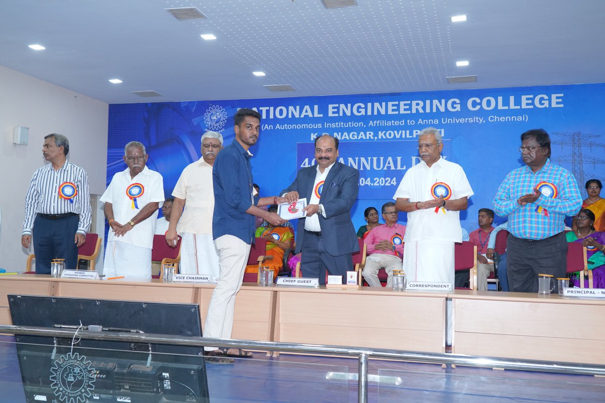 40th Annual Day Celebrations: Congratulations 👏👏👏Mr.S.Mohana Krishnan of IV EEE for secured 1st Rank in Academic Year 2022-2023 @NECKVP #ThinkEEEthinkNEC #necplacement #NECAlumni #Nationalengineeringcollege #engineeringcollege #kovilpatti #tamilnadu #Placement2024 #annualday