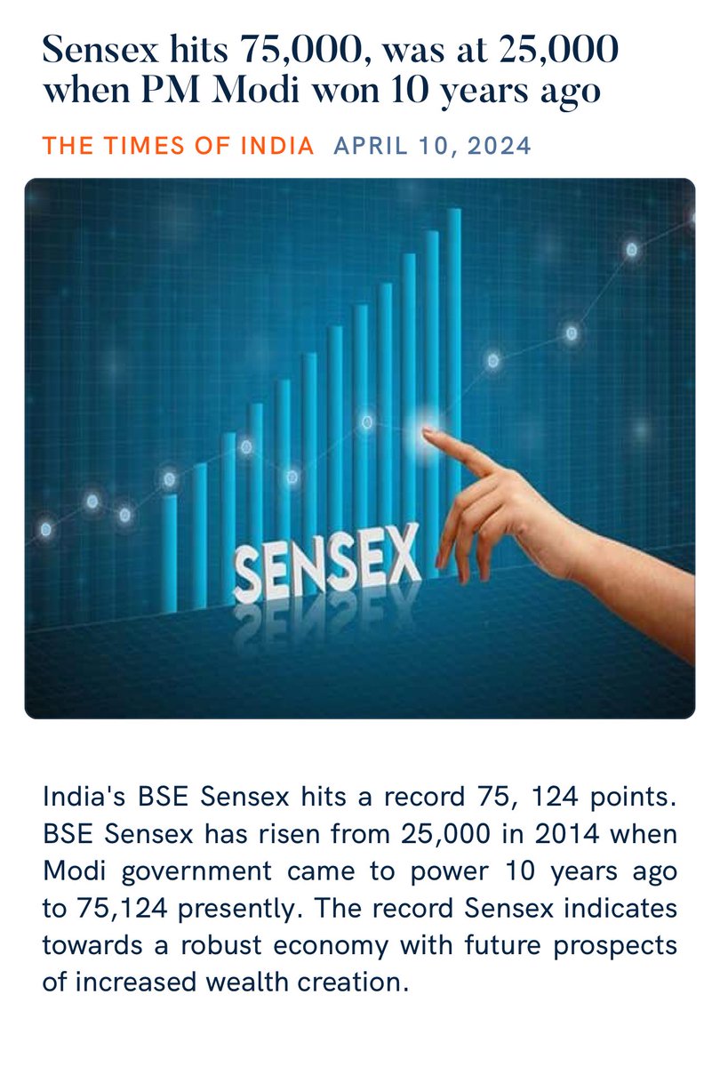 Sensex hits 75,000, was at 25,000 when PM Modi won 10 years ago timesofindia.indiatimes.com/business/india… via NaMo App