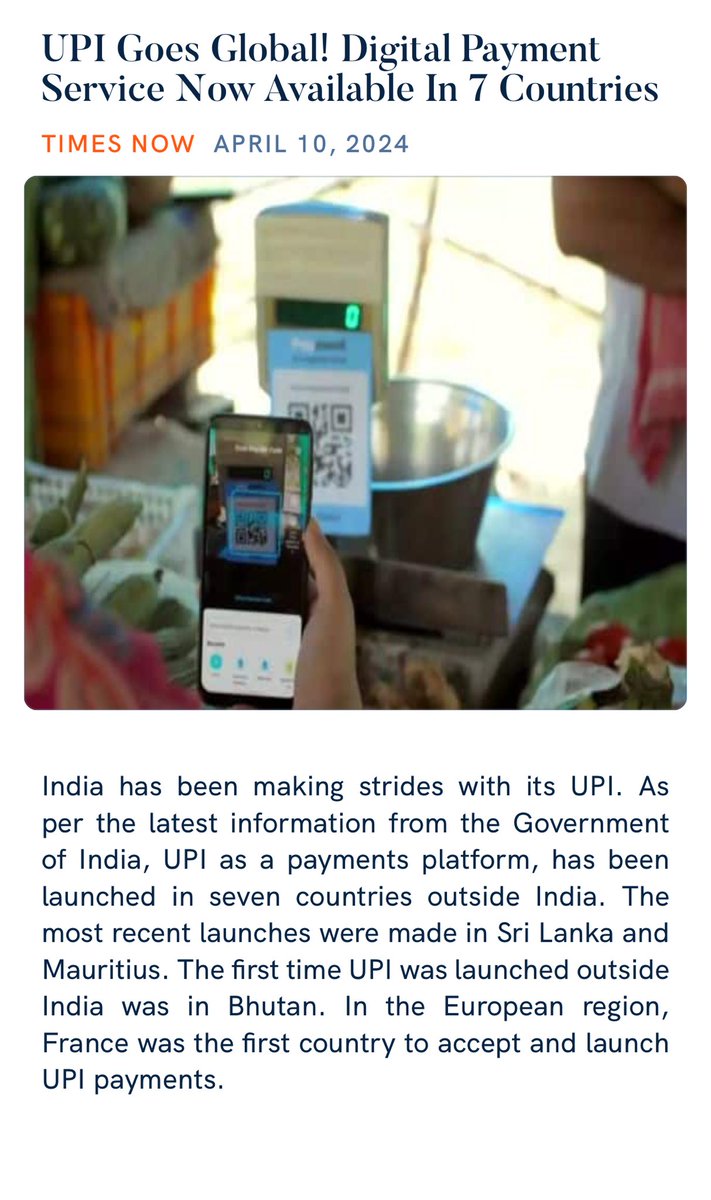 UPI Goes Global! Digital Payment Service Now Available In 7 Countries timesnownews.com/world/upi-goes… via NaMo App