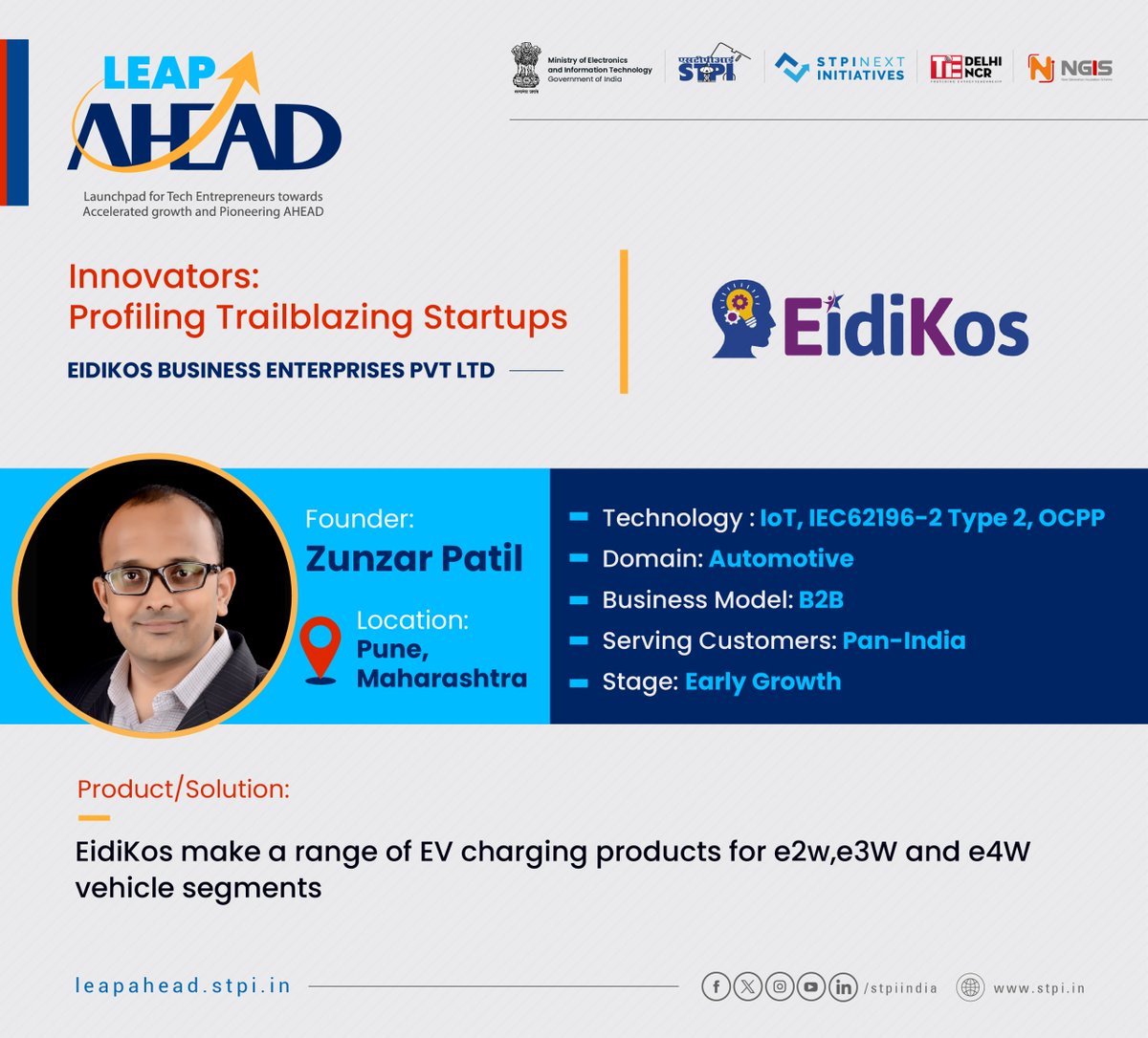 @Swapnow_ M/s @EidikosBusiness, one of the 75+ selected #startups for LEAP AHEAD Cohort, is creating a range of #EV charging products for e2w,e3W and e4W vehicle segments, thereby trying to bridge the gap in indigenization and self-sufficiency in EV charging Infrastructure in India.