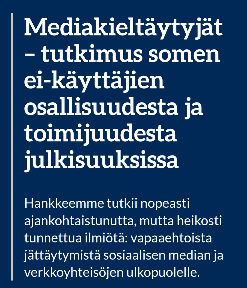 Tänään ke 10.4. klo 13: somen välttelyä tutkivan hankkeemme tuloksia ja keskustelua Median museo Merkissä Helsingissä, Ludviginkatu 2-4. Lämpimästi tervetuloa! @HSsaatio @valtosensanna @ReettaRaty @kotkavirta @TAUComet @COMS_TampereUni @JYUhytk @uniofjyvaskyla @SocSciHelsinki