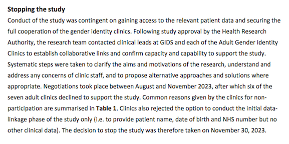 I regret to discover that GIDS clinicians refused to participate in this necessary and urgent work. The full set of excuses they worked up are included in Appendix 4.