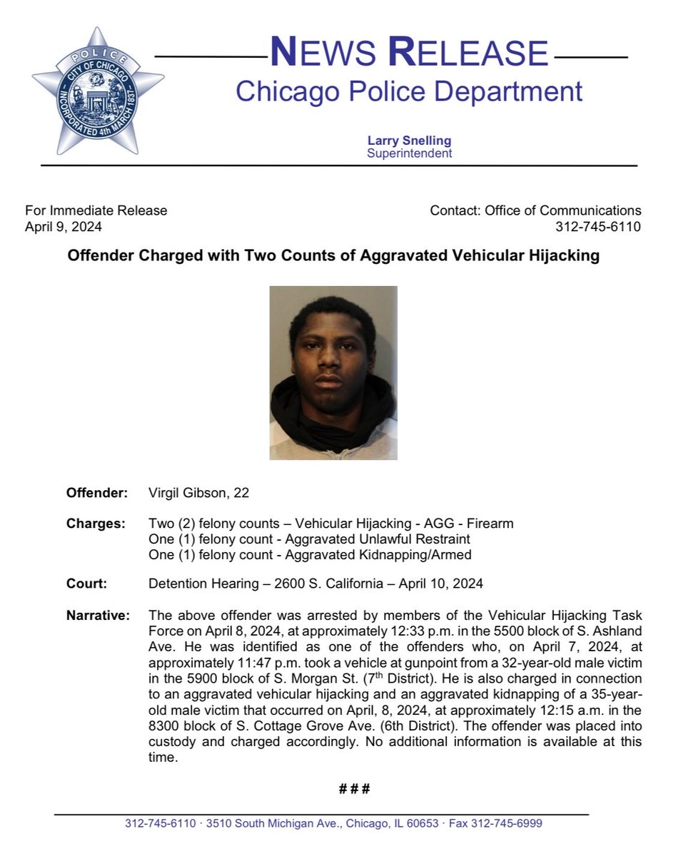 Offender Charged with Two Counts of Aggravated Vehicular Hijacking with a Firearm @ChicagoCAPS06 @ChicagoCAPS07 @Area1Detectives @Area2Detectives Vehicular Hijacking Task Force #ChicagoPolice