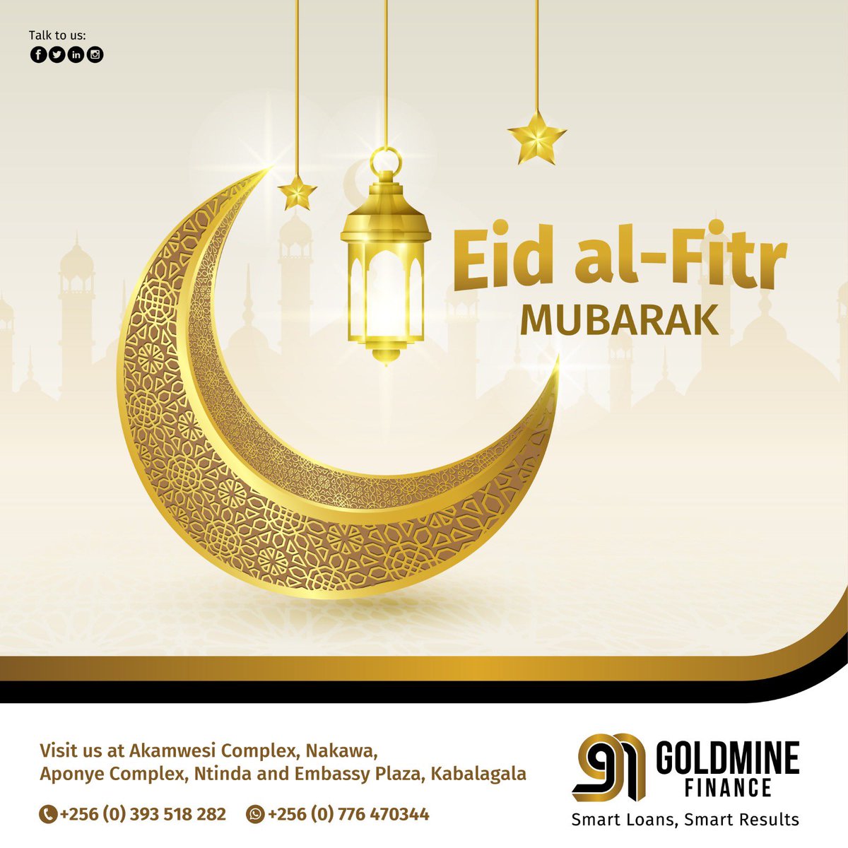 Eid Mubarak to all our Muslim brothers and sisters 🙏🏾. May today be a day of joy and refreshing. #EidAlFitr #GoldmineFinance #SmartLoansSmartResults