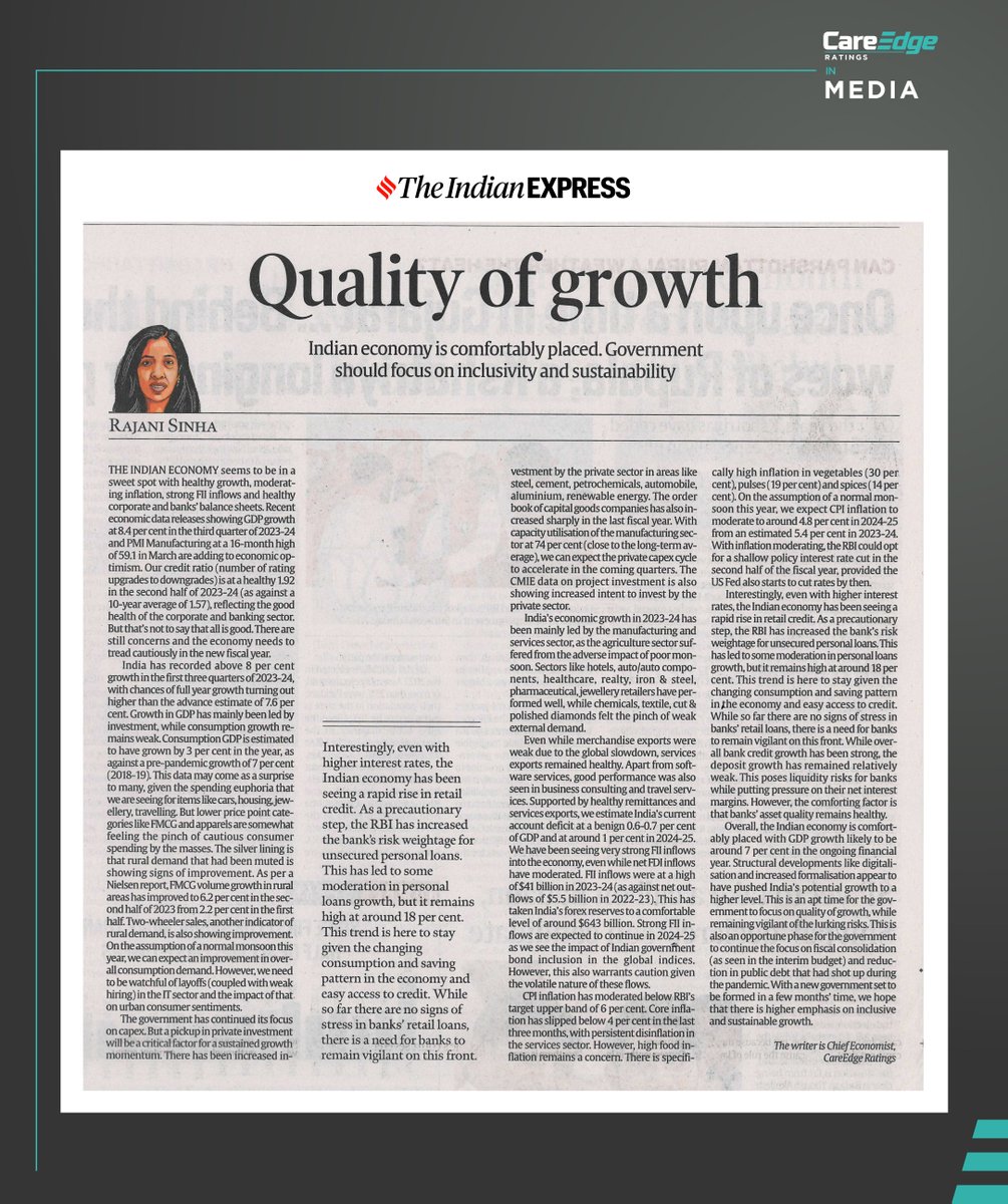 With the Indian economy is a comfortable spot, the government should focus on inclusivity and sustainable growth, writes CareEdge Ratings Chief Economist Rajani Sinha in @IndianExpress. #CareEdgeInMedia #CareEdgeInsights #CareEdgeRatings #Economy