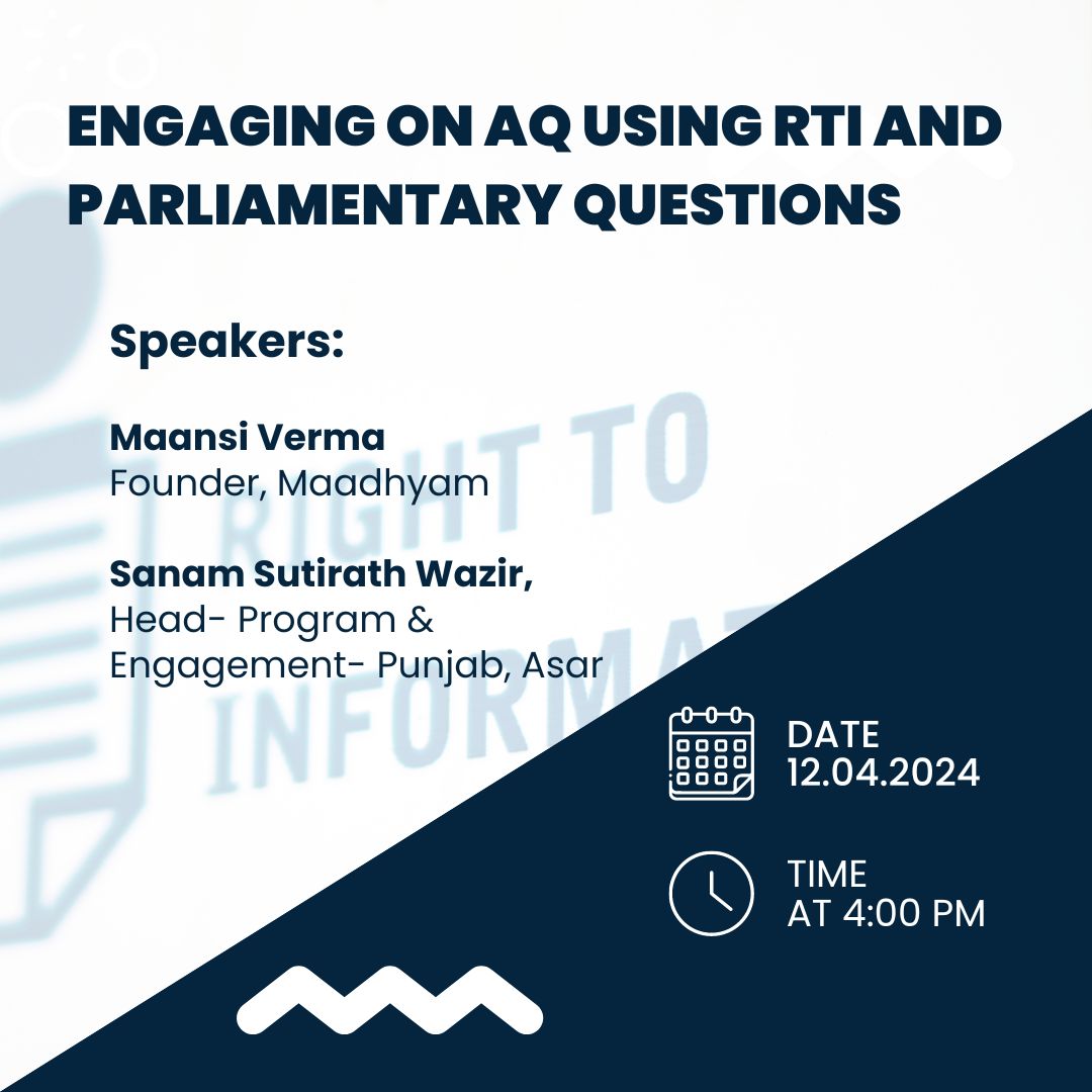 Parliament Questions are effective tools for #advocacy. In collab with ASAR, we are organising a webinar - Engaging on Air Quality issues using #RTI and #Parliamentary Questions Date: 12th April 2024 Time: 4:00 - 5:00 pm If interested, register here: zoom.us/meeting/regist…