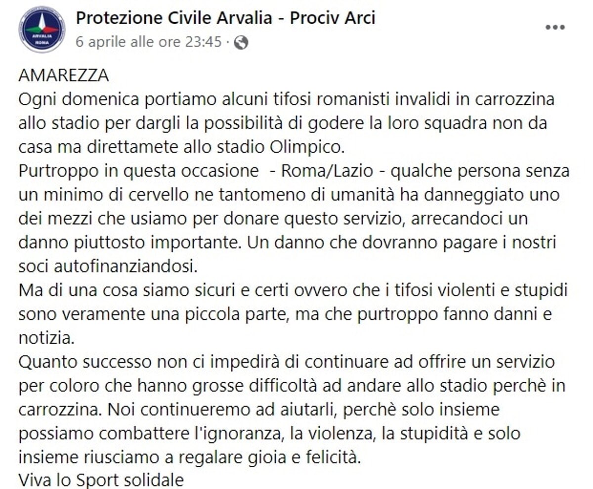 Il post di Arvalia sull’assalto al pulmino che accompagna i disabili allo stadio, grazie al servizio “superiamo gli ostacoli” in collaborazione con @OfficialASRoma Il mezzo era uno dei loro e NON della Toyota.