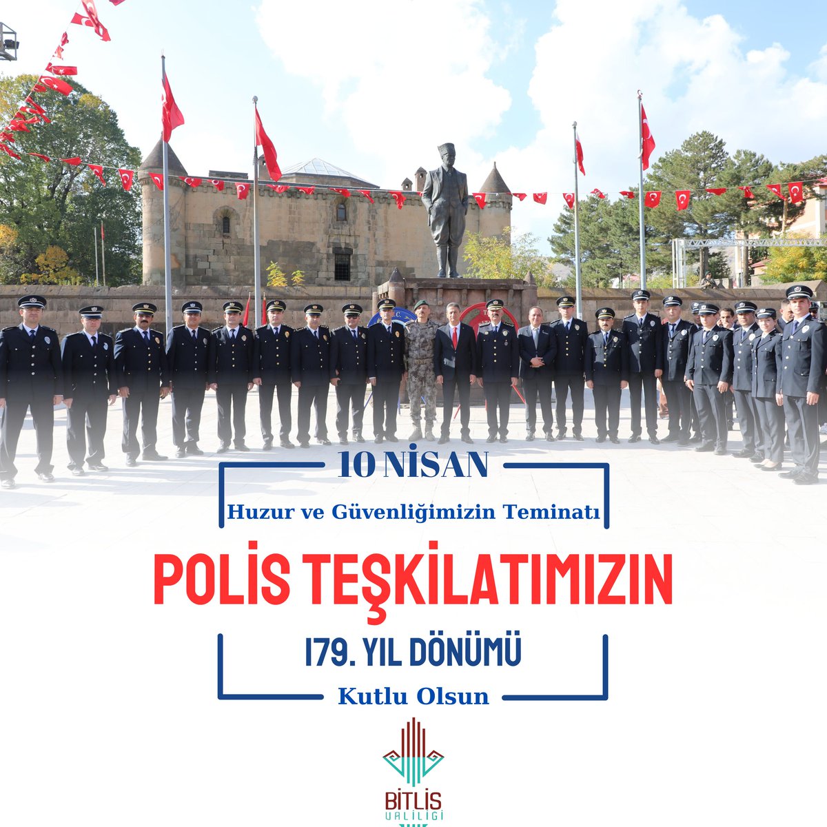 Vatandaşlarımızın güvenliği ve huzuru için cesaretle ve fedakarca mesai mefhumu gözetmeksizin görev yapan Türk Polis Teşkilatımızın kuruluşunun 179. yıldönümü ve 10 Nisan Polis Günü kutlu olsun.🚓🇹🇷 #10NisanPolisHaftası #Polis #Bitlis