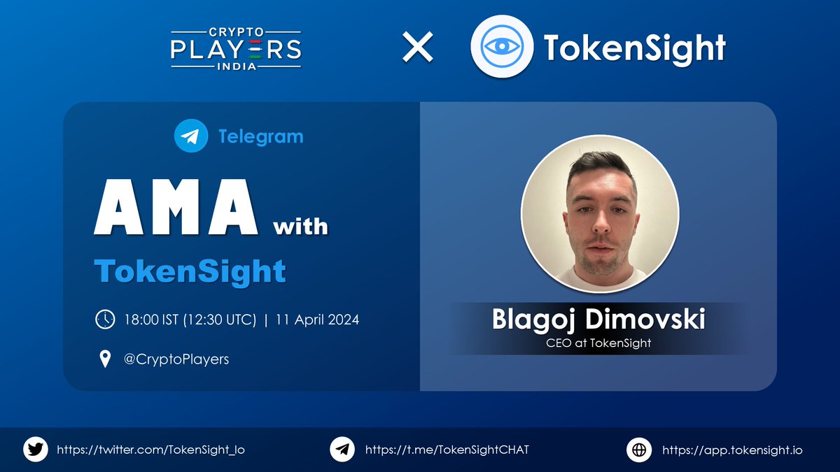 📣 CryptoPlayers will host an #AMA with @TokenSight_Io ⏰ Date: 11 April, 6 PM IST (12:30 PM UTC) 🎁 Rewards: $100 USDT 📌 Venue: t.me/CryptoPlayers 👨‍💻 Rules: - 1 question per account with #CryptoPlayers hashtag - Like, RT, Follow @TokenSight_Io & @CryptoPlayersIn -