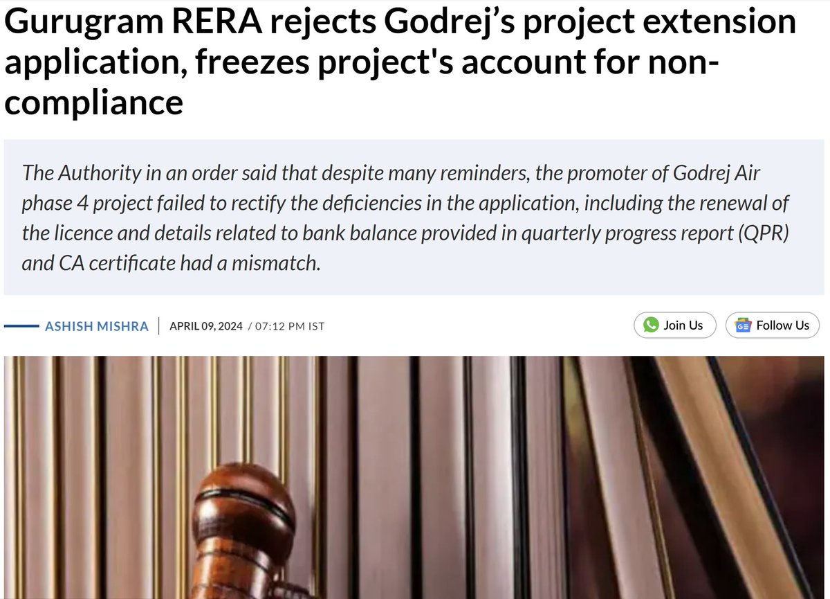 Godrej Properties had obtained the RERA registration for Godrej Air project in Sector-85, Gurgaon in December 2018 which was valid up to June 2023 by which the builder had to complete the housing project but couldn't do so. 

Godrej was then seeking further extension of the RERA…