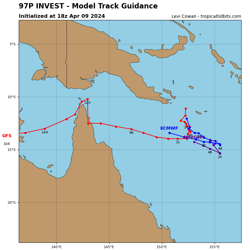 #Invest97P/#13U, off SE #PapuaNewGuinea, forecast to head WSW in the next 7 days towards N #Queensland, #Australia, tho it has low genesis chance at 15%, interests there should watch this closely due to possible #Flooding rains! #Wxtwitter #97P #Cyclone #CyclonePaul #Paul