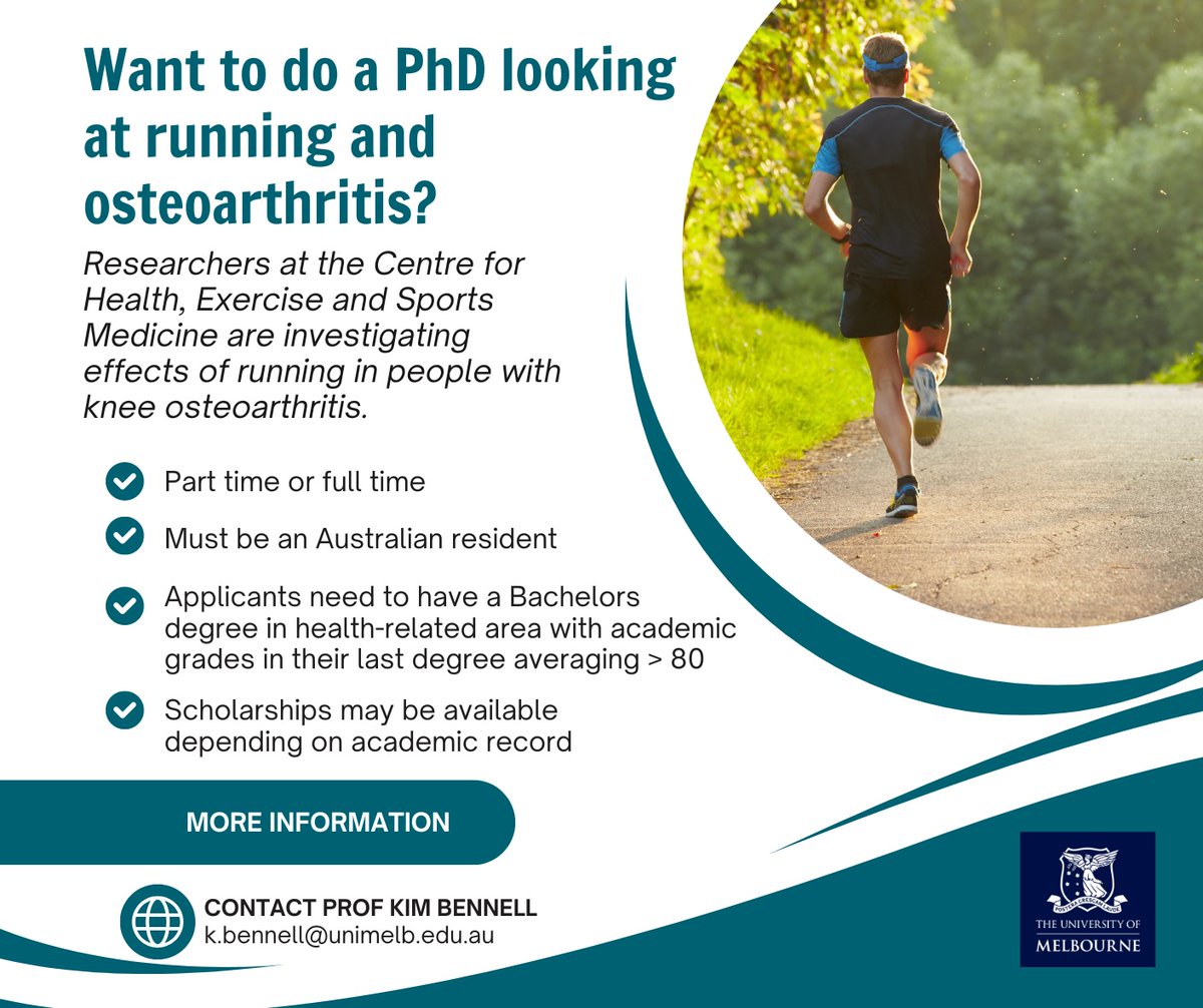 Interested in a PhD opportunity on the effects of #running in those with #osteoarthritis? See the information below! 👇 Please share!