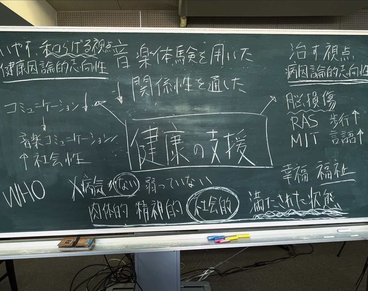 #名古屋音楽大学
#臨床 #音楽療法概論
#今日の板書 
昨日の総論の授業に引き続き、音楽療法の定義の話をしました。今日は「健康」についてWHOの定義を引いて、その視点についてもう少し深めました。
#音楽療法週間
#musictherapyweek