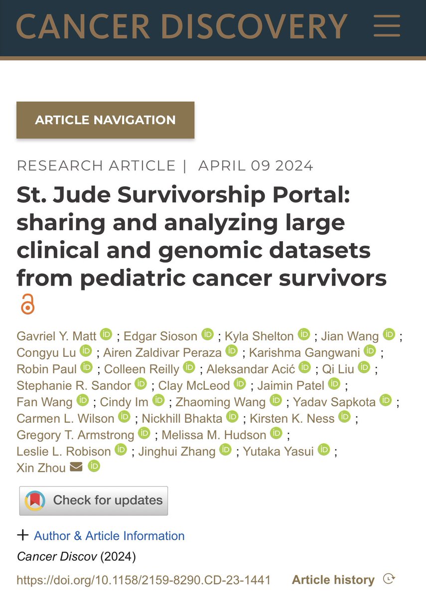 St. Jude Survivorship Portal: sharing and analyzing large clinical and genomic datasets from pediatric cancer survivors @CD_AACR @OncBrothers @OncoAlert @oncodaily @AACRPres @CCR_AACR #oncology #Cancer #meded #MedX #AACR24 @TaliLev123 @ElizSMcKenna aacrjournals.org/cancerdiscover…