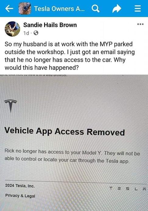 Don’t pay your bill - software cut off. 

In the future, your #ElectricCar won’t work for a range of reasons. Govts, businesses will control and shut down your #ElectricVehicle when they feel like it. 

#EV owners love being controlled. #TeslaCuck