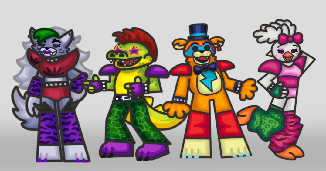 Glamrocks!🐻🐓🐊🐺
A different drawing, for another game that I like.  #fnafsecuritybreach #fnaf #glamrockfreddy #glamrockchica #montgomerygator #roxannewolf