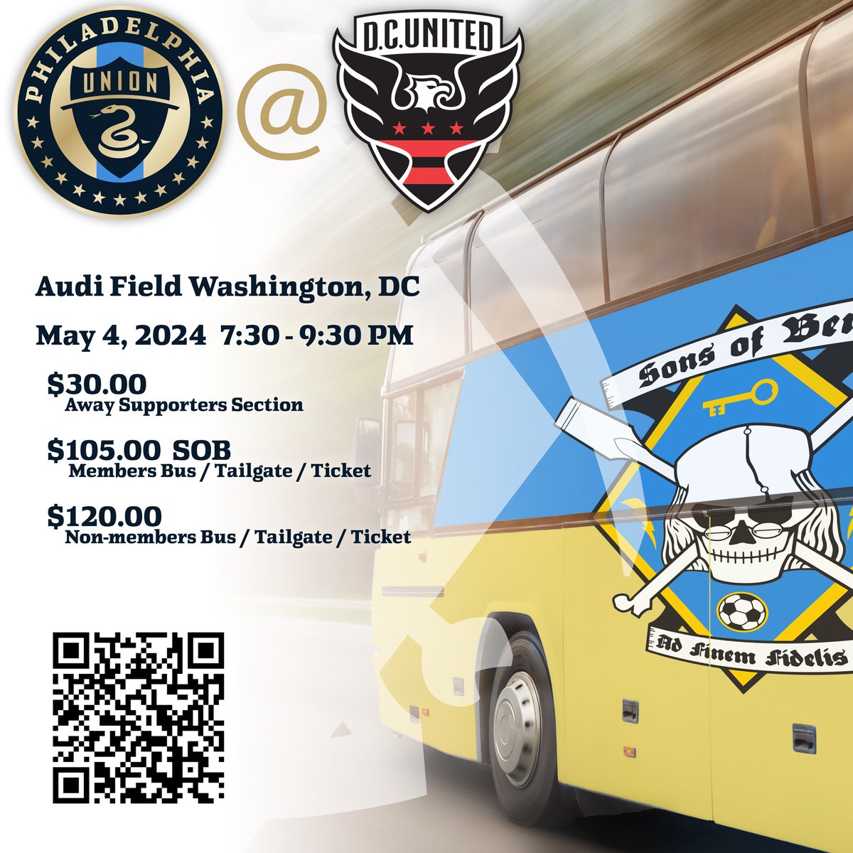 🚌 Join Sons of Ben on May 4th for a road trip to DC to support our Boys in blue @PhilaUnion! Ticket sales end April 19th. Snag your spot now: bit.ly/3VQMDpm #SonsOfBen #DOOP #RoadTrip