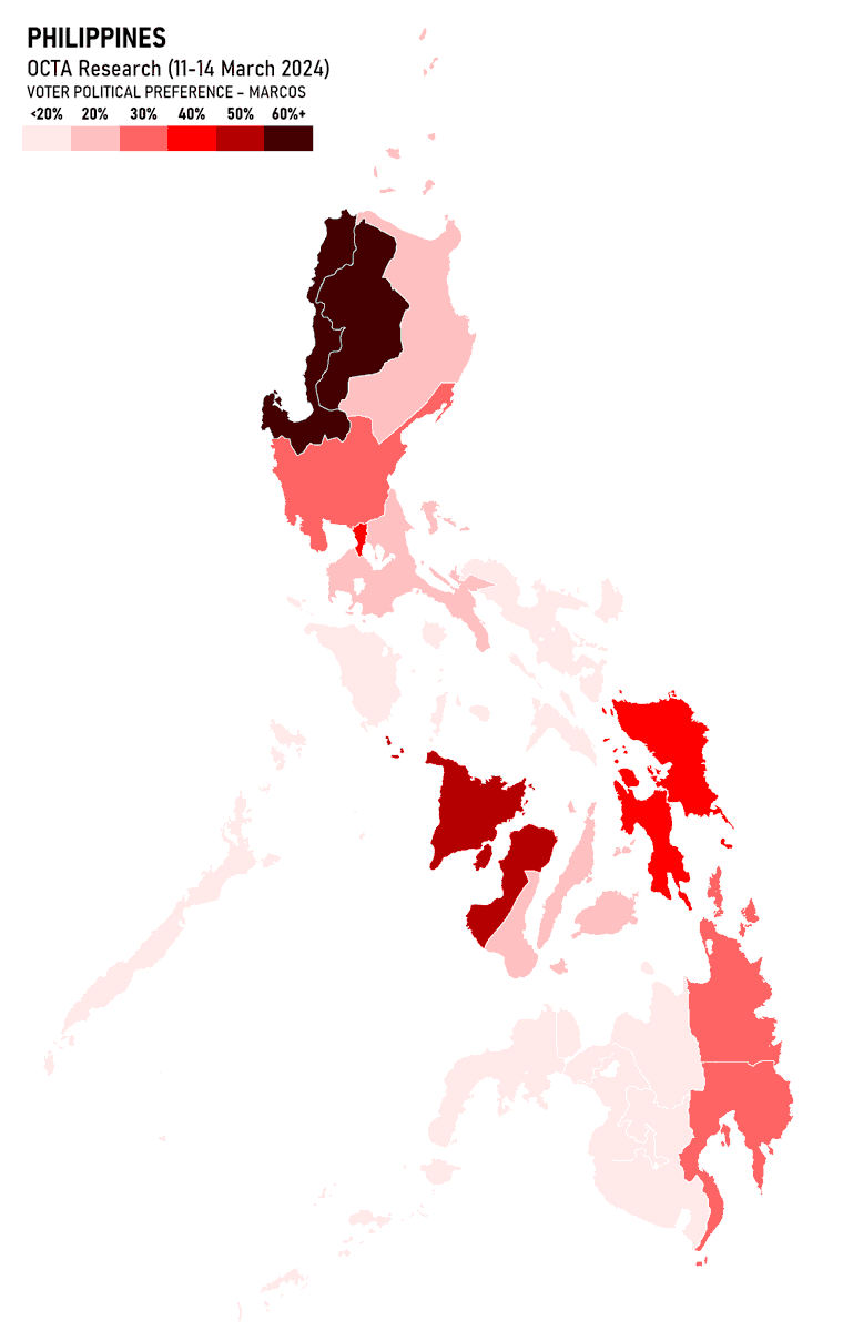 Map showing the percentage of pro-Marcos voters by region in the Philippines according to OCTA Research's 2024 Q1 survey.