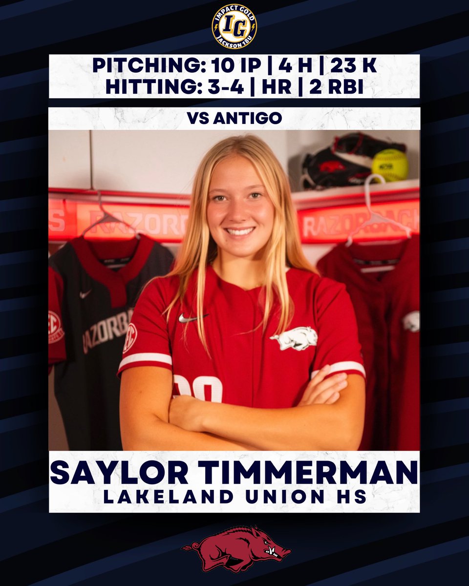 Arkansas commit @saylortimmerman was absolutely dominant after racking up 23k’s in an extra-inning game tonight!! Saylor also hit the go-ahead HR in the 10th to lead her team to a win!! Way to go Saylor!!

#betheimpact #trusttheprocess #goldblooded #igjackson18u