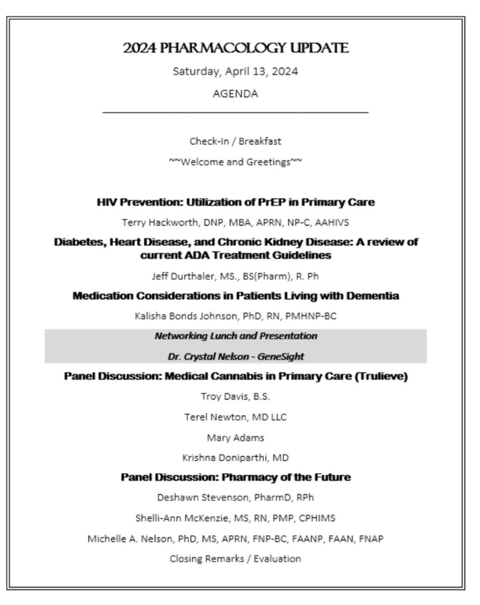 DwayneHooks's tweet photo. Join Clayton State University’s School of Nursing, a unit of the College of Health,  and Chi Eta Phi this Saturday (April 13) for the 2024 Pharmacology Update.  Continuing education credit will be provided.  See attached agenda.  #PharmacologyUpdate #LakerNation @ClaytonState https://t.co/al90b9yM5T