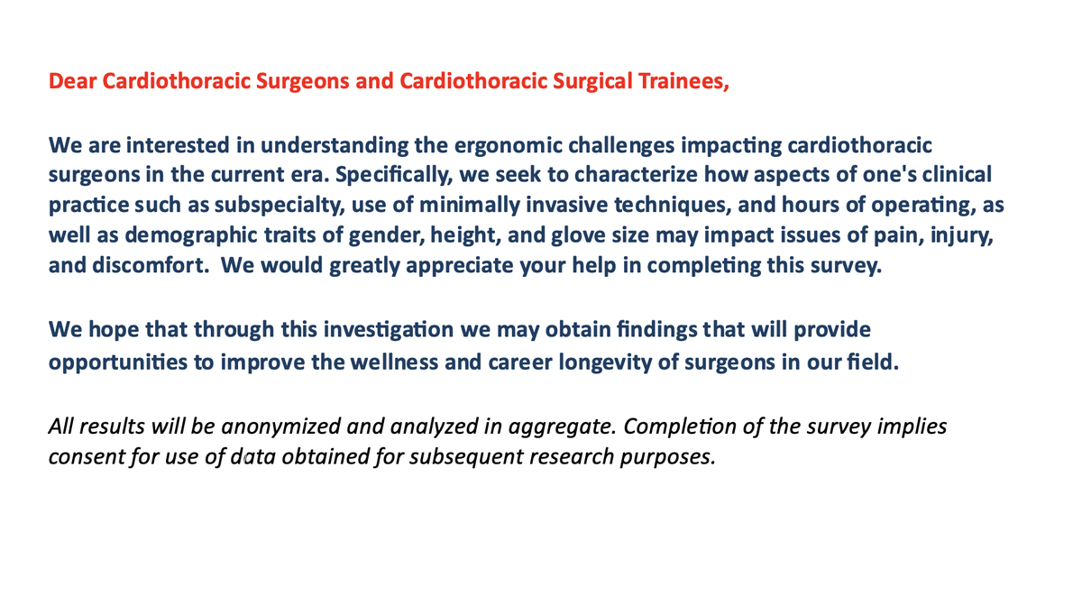 ‼️Attention CT surgeons/CT surgical trainees‼️ We ask for your help completing this 3-min survey regarding ergonomic challenges in our field. We hope to identify opportunities to improve wellness & career longevity. Thank you! mdanderson.co1.qualtrics.com/jfe/form/SV_2l…