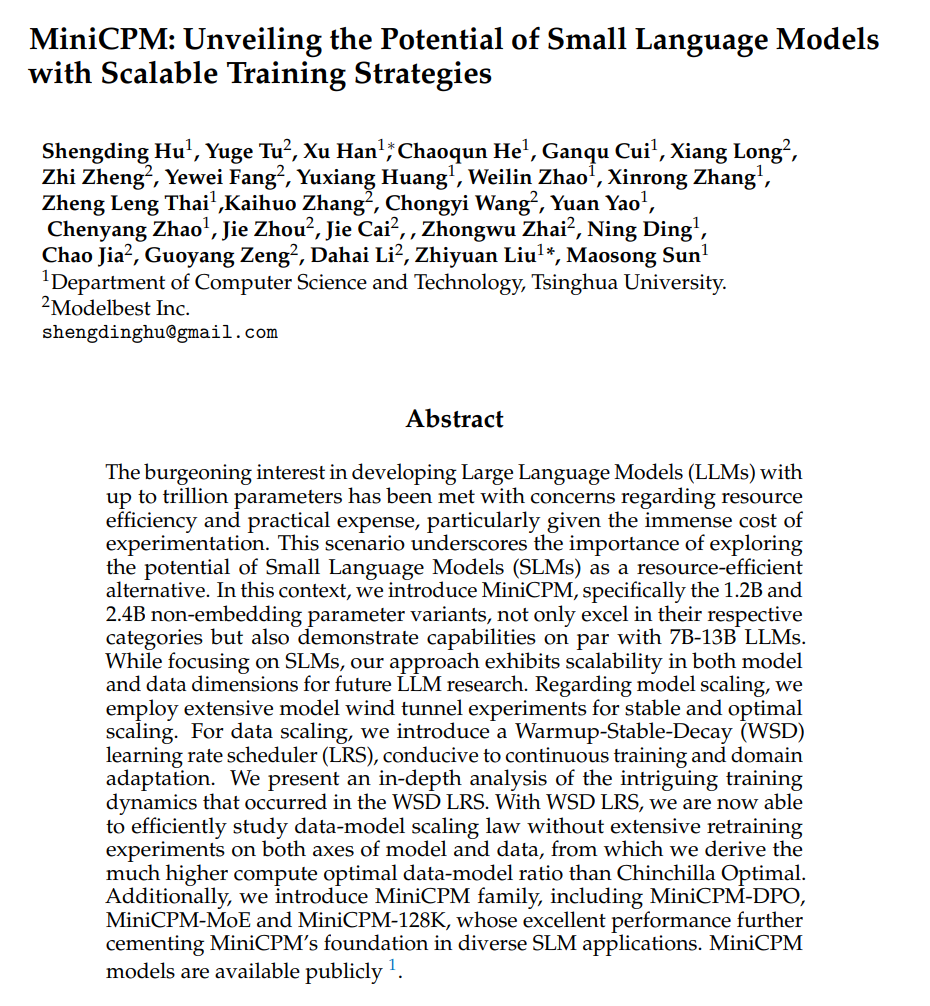 arankomatsuzaki's tweet image. MiniCPM: Unveiling the Potential of Small Language Models with Scalable Training Strategies
- Presents MiniCPM family, including MiniCPM-DPO, MiniCPM-MoE and MiniCPM-128K
- MiniCPM 2B performs on par with Phi-2 and outperforms Mistral and Gemma
arxiv.org/abs/2404.06395