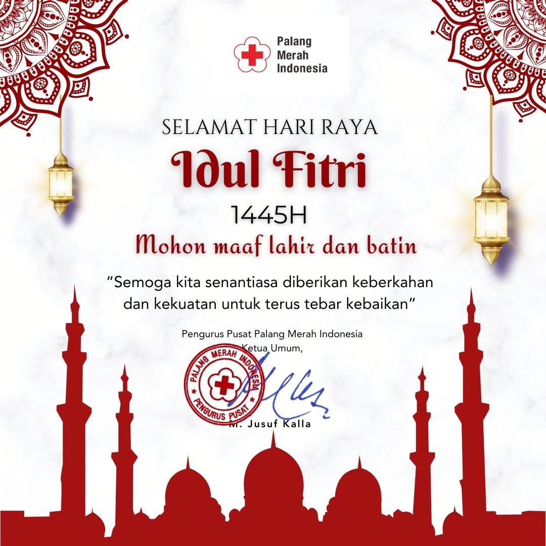 Keluarga Besar Palang Merah Indonesia Mengucapkan : Selamat Hari Raya Idulfitri 1 Syawal 1445 Hijriyah Taqabbalallahu minna wa minkum. #Idulfitri2024 #Idulfitri1445H #pmiselalubantu