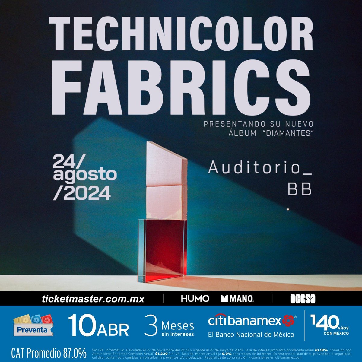 Technicolor Fabrics, anuncian concierto en el Auditorio BB, el próximo 24 de agosto. Recientemente lanzaron nuevo sencillo titulado “Valió la Pena”. Además estarán presentando su nuevo álbum llamado “Diamantes”. Preventa Citibanamex: 10 de abril venta general: 11 de abril