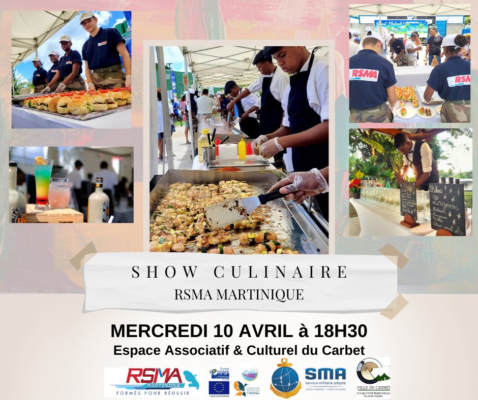 Pour clôturer la chantier d'application intergénérationnel du RSMA ( filière service à la personne, restauration/ service, accueil tourisme) qui s'est déroulé durant 2 jours au CARBET. Le RSMA-Martinique vous invite à venir participer à une dégustation culinaire.
#rsmamartinique
